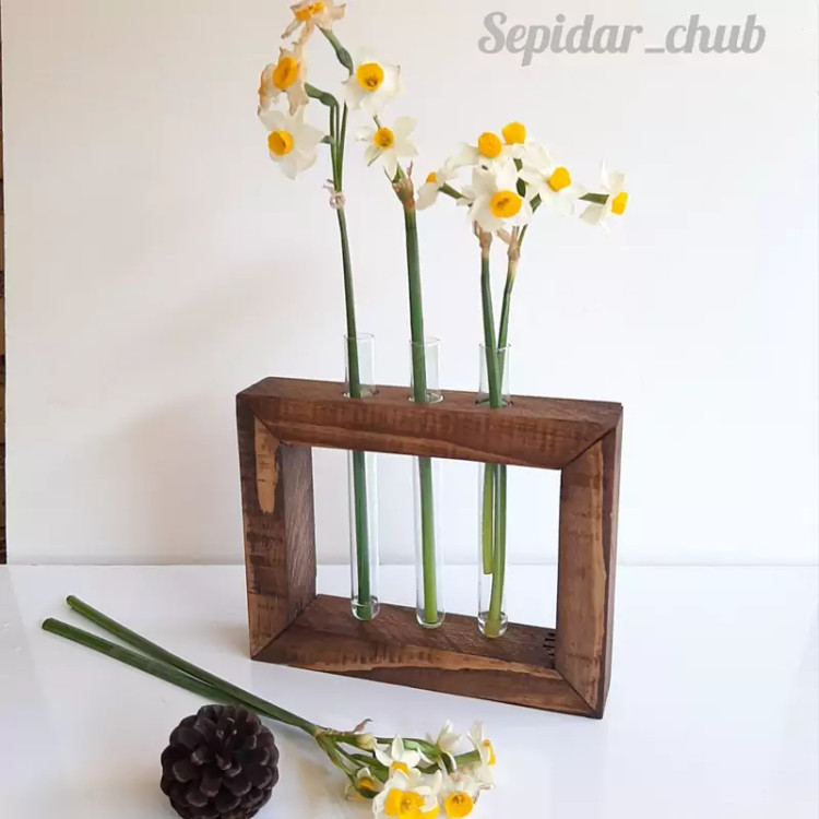 قاب باکس گلدان چوبی دیواری با 2 لوله شیشه ای ظرف گیاه